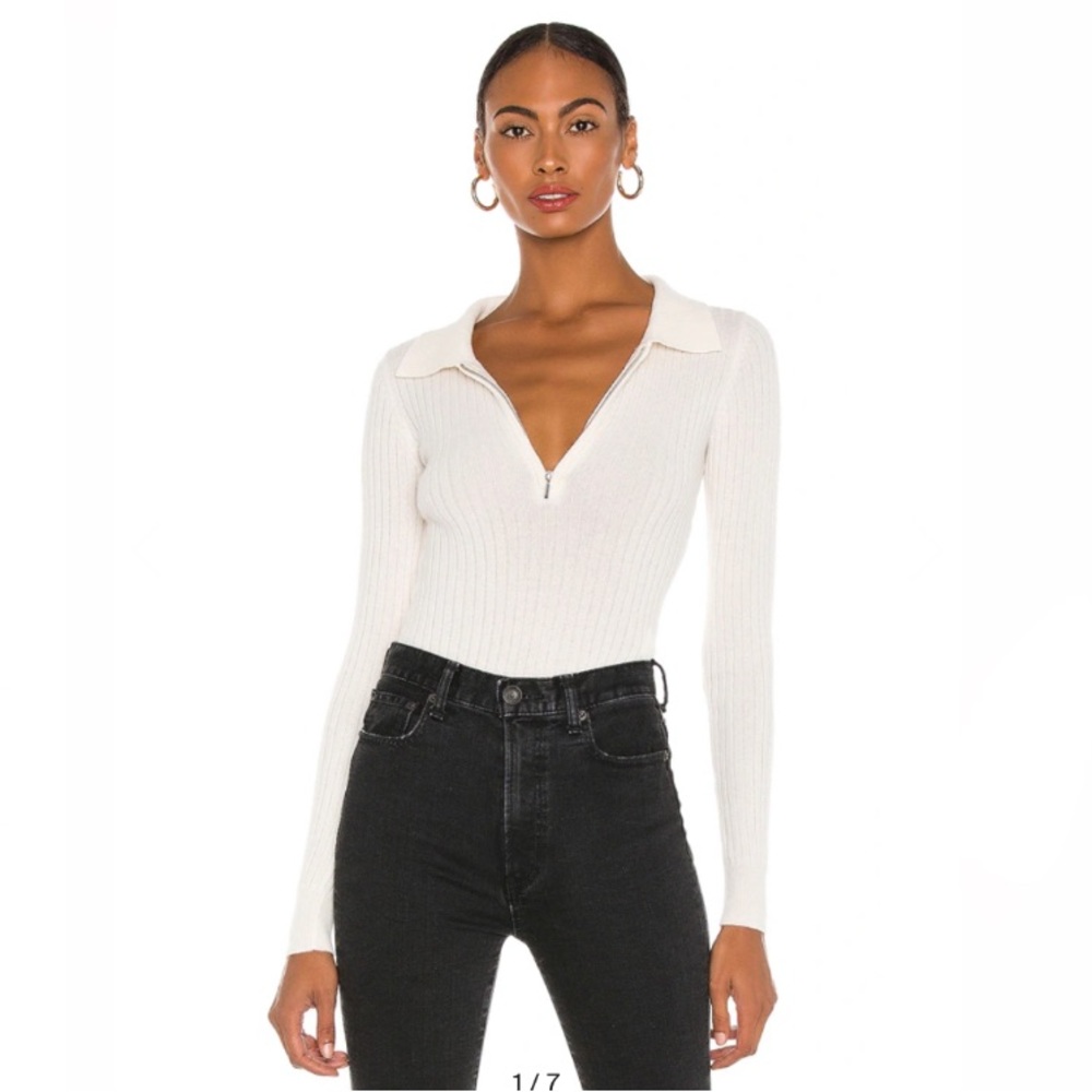 AYA MUSE Ribbed Cashmere Collared Bodysuit in Ivory Size XS